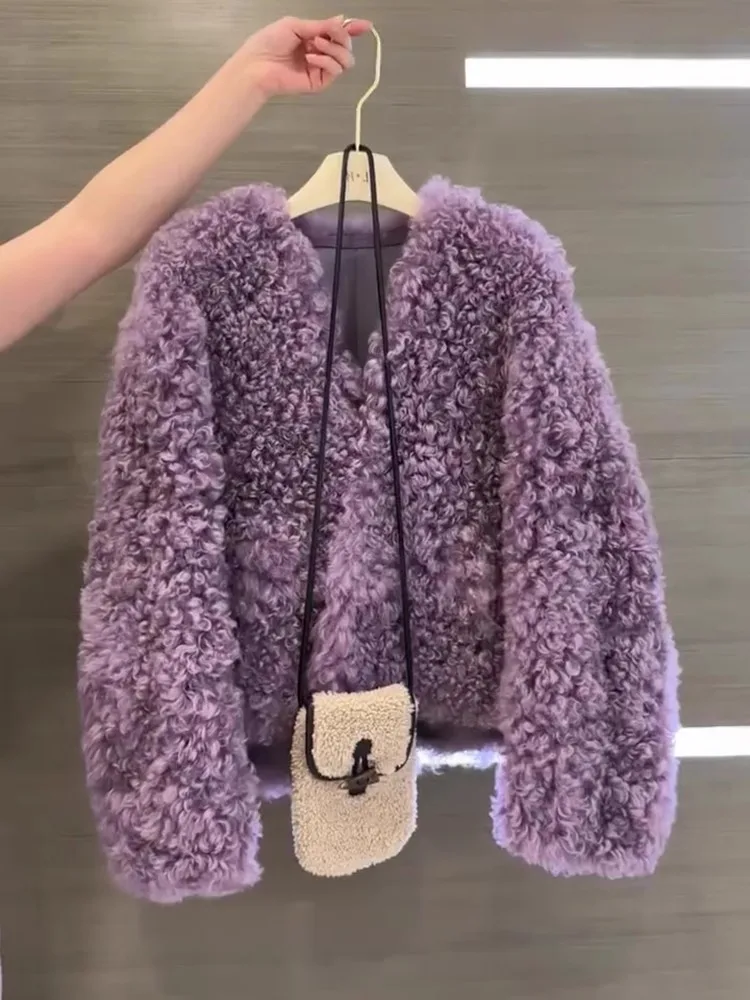 

Purple Gentle Wind V-Neck Environmentally Friendly Fur Coat For Women, 2024 Autumn And Winter New Loose Short Fur Top