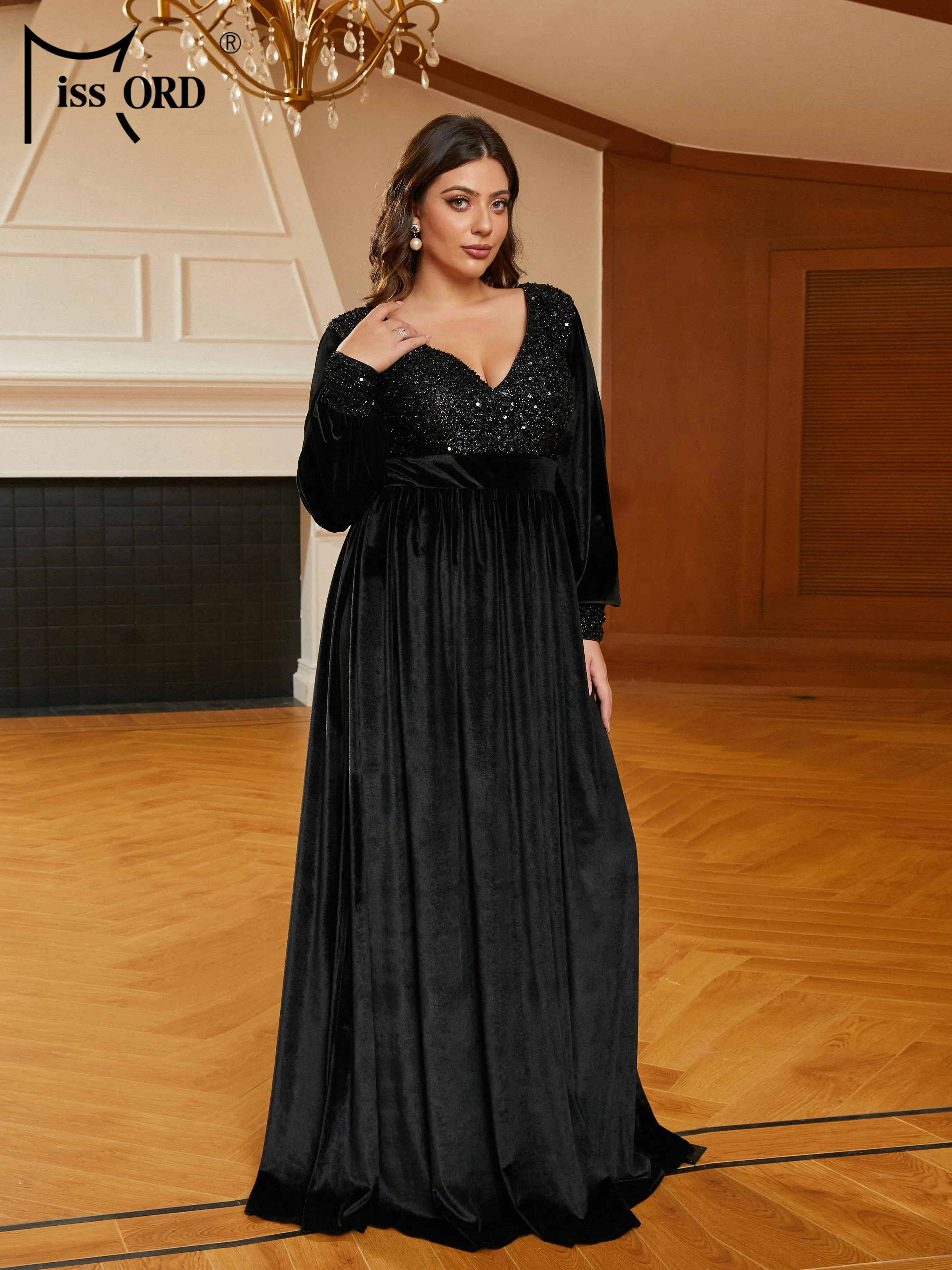 Missord New Plus Size Sequin Black V-Neck Long Sleeve  A-line Prom Evening Formal Occasion Dresses