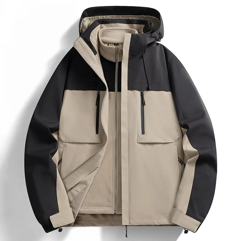 KIDWHXR Autumn Winter Men 3 in1 Jacket Thicken Warm Contrast Color Hooded Coat Male Outdoor Sport Casual Man 2-piece Coat Sets