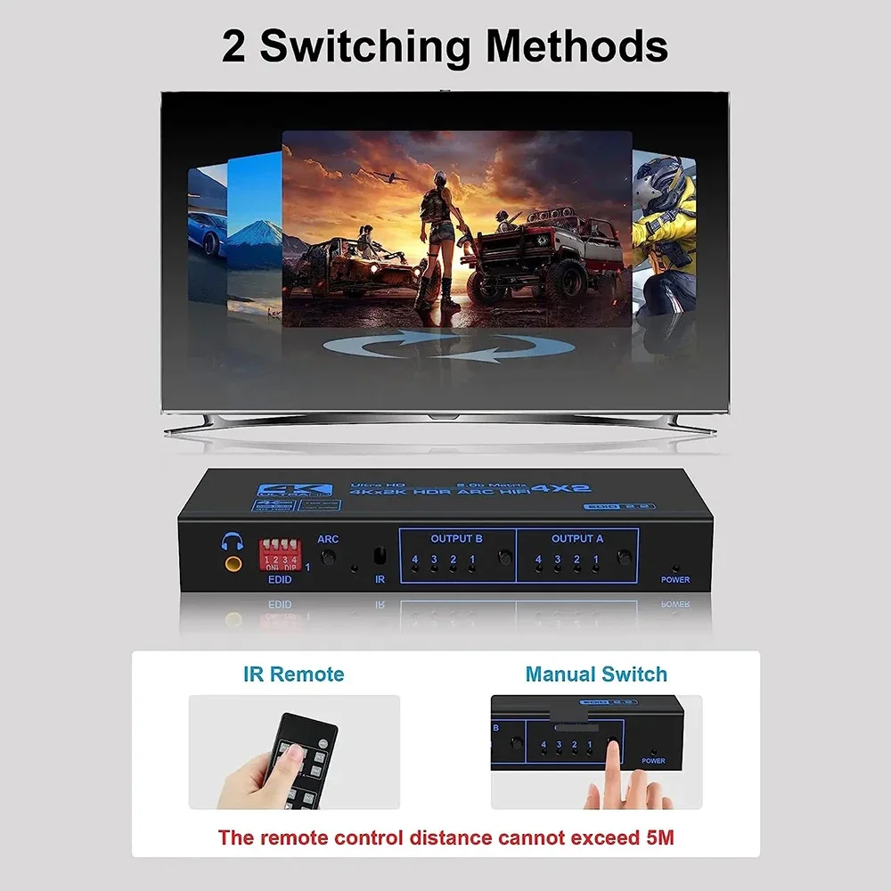 4K 60Hz Matrix 4x2 with Optical 3.5mm Stereo Audio Out Switcher Splitter 4 In 2 Out Support ARC HDCP 2.2 EDID HDMI-compatible