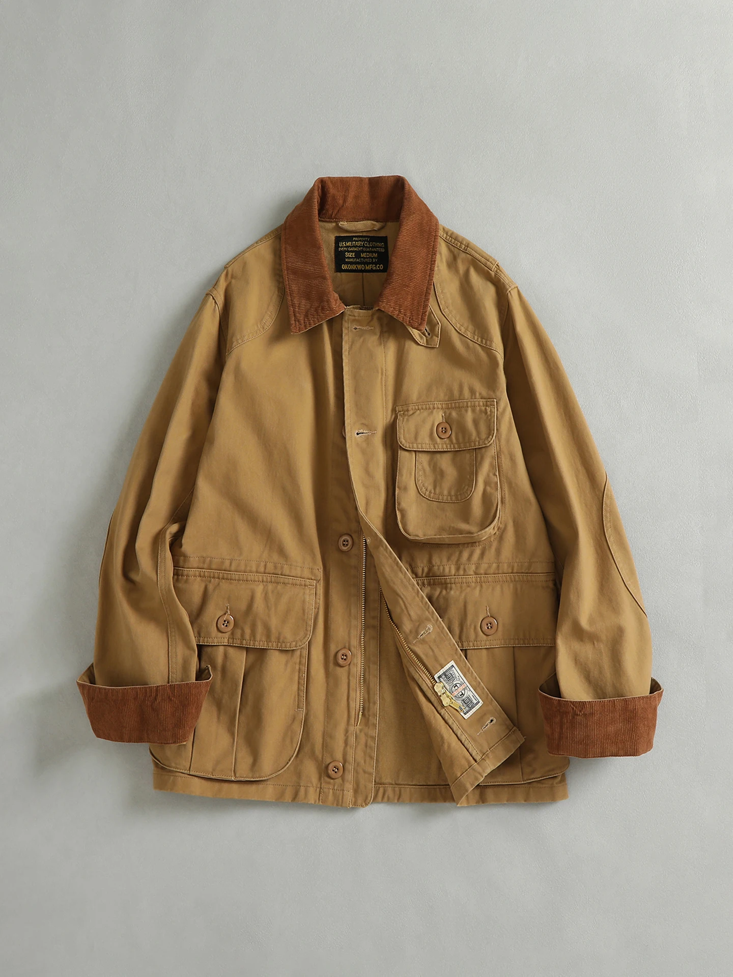 Autumn New American Retro Multi-pocket Twill Hunting Cargo Jacket Men's Amekaji 100% Cotton Washed Corduroy Lapel Casual Coat
