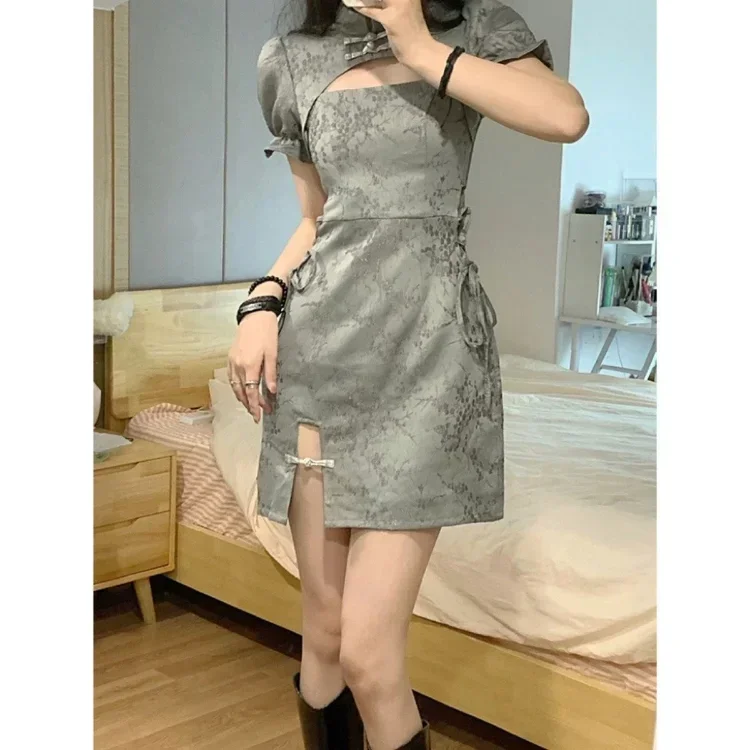 

New Chinese Style Improved Chi-pao Dress for Women Summer Slim Waist Bodycon Dresses Y2k E-Girl Puff Sleeve Vestidos Mujer