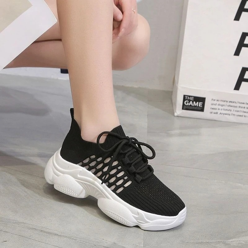 

Women Casual Sneakers Mesh Hollow Out Knitted Breathable Height Increasing Thick Sole Dad Shoes Fashion Ins Style Summer Autumn