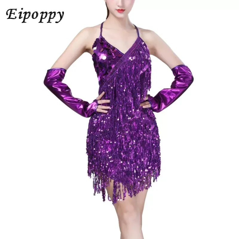 여성용 레이스 라틴 댄스 의상, 섹시한 스팽글 슬링 홀터, 라틴 댄스 원피스 태슬 코스튬, 미니 댄스 원피스