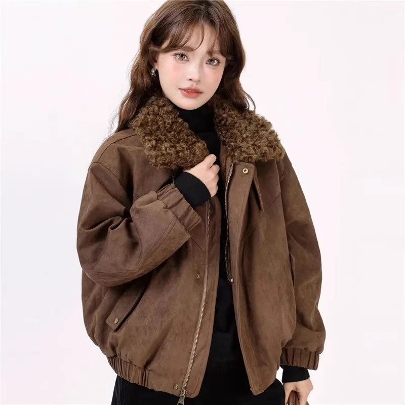 

Luxury Short Suede Coat for Women | Velvet Lined Winter Jacket with Thick Lamb Wool Collar | 2026 Trendy Outerwear (W2283)