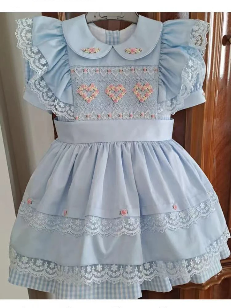 

0-6Y Baby Girl Summer Blue Flower Smocked Turkish Vintage Princess Dress for Birthday Holiday Easter Photography Eid