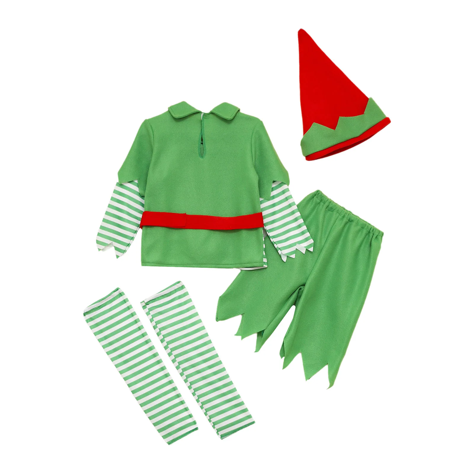 Kids Christmas Elf Cosplay Costume Velvet Long Sleeve Striped Tops with Shorts Hat Leg Warmer for Carnival Festival Xmas Party