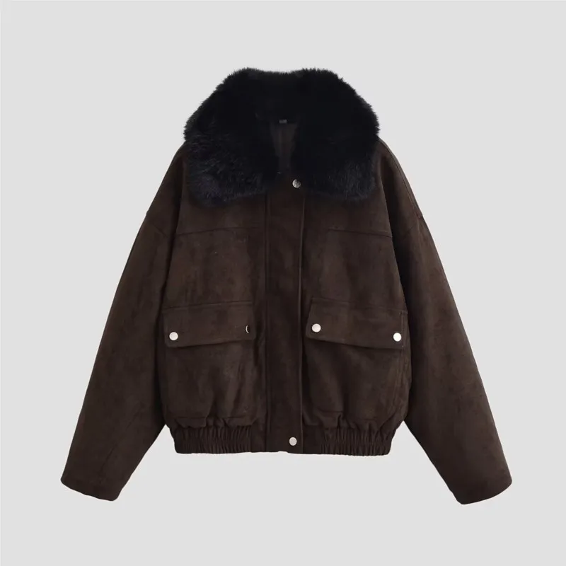 

Women Synthetic Fur Collar Jacket Autumn Winter Casual Long Sleeve Coats Women's Flip Pocket Retro Tops Female Fashion Outerwear