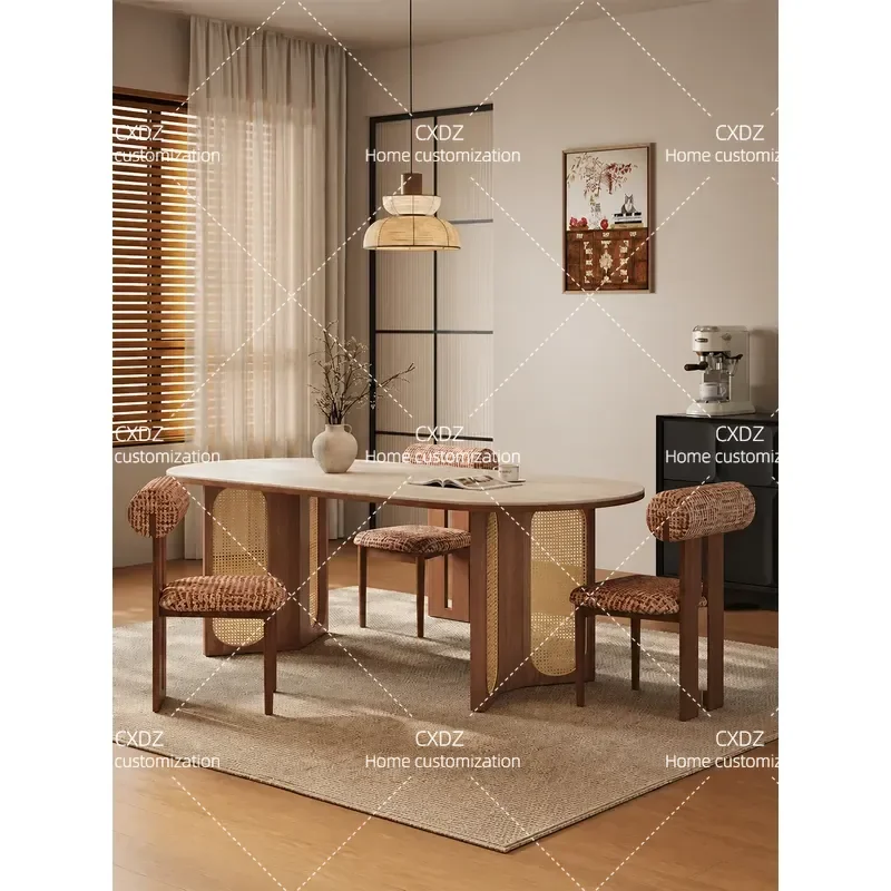 Medieval Travertine Rock Slab Dining Table Modern Simple Rectangular Solid Wood Walnut Dining Table for Small Apartment