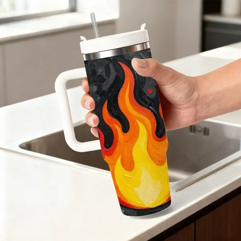 Vibrant Abstract Flame Digital Print 40oz Stainless Steel Insulated Tumbler, Bold Graphic Geometric Design in Yellow Orange Red & Black Tones, Leakproof Cold & Hot Drink Holder for Daily Commute, Office and Outdoor Use
