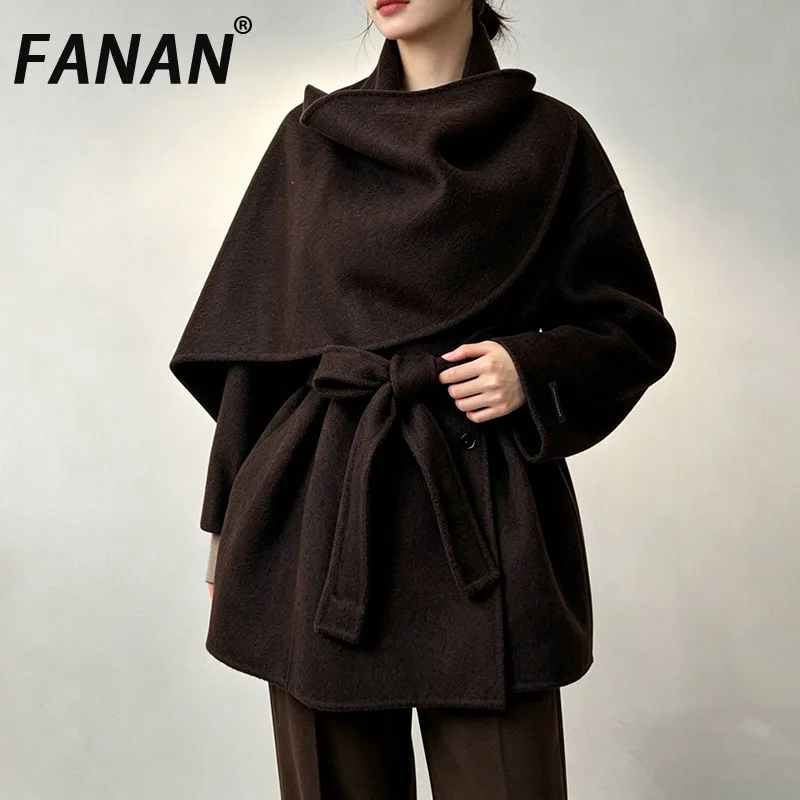 FANAN Autumn Winter Women Belted Wrap Woolen Coat Large Draped Collar Loose Oversized Short Ladies Wool Overcoat Warm Clothing