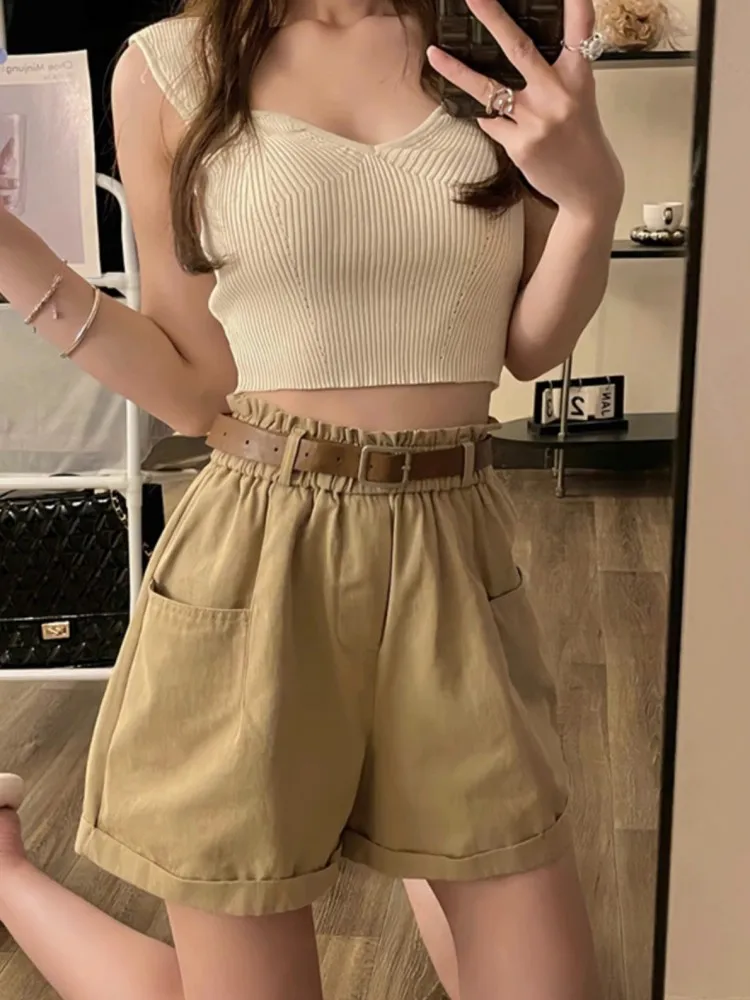 

Women's Cotton Work Shorts Summer Thin Loose Slim A-Line Cuffed Hot Pants Casual Wide Leg Pants High Waist Straight Cut