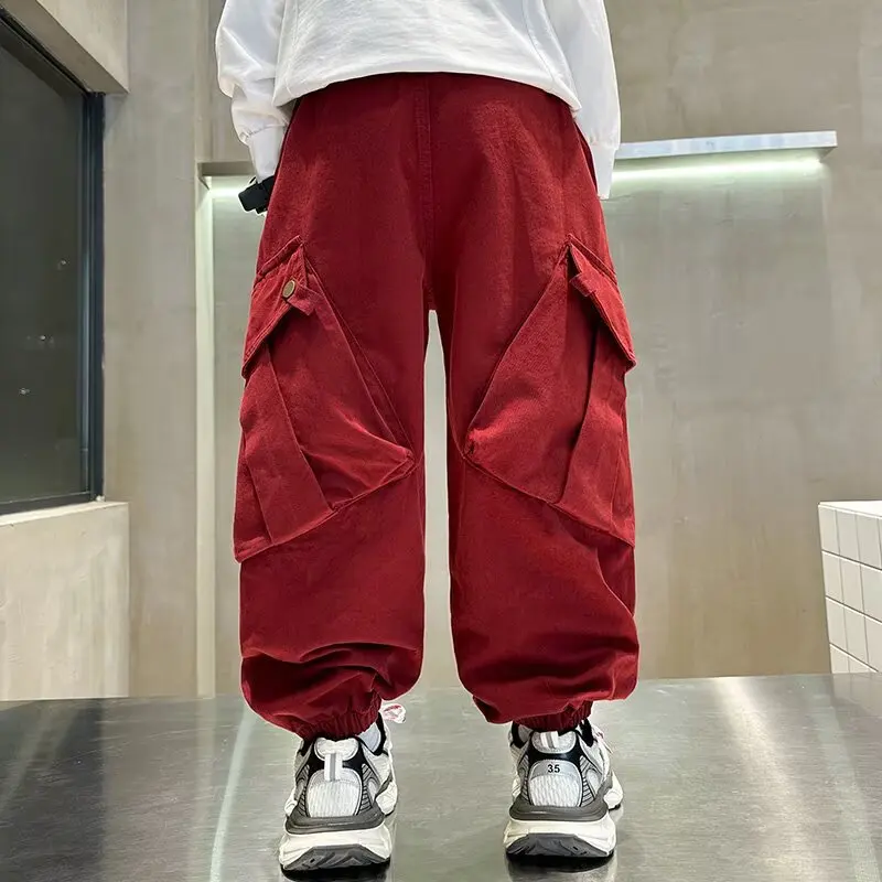 عالية الجودة الفتيان Sweatpants الخريف الاطفال سراويل تقليدية لصبي ملابس الأطفال الكورية 2025 الربيع فضفاض القطن الأحمر بنطلون