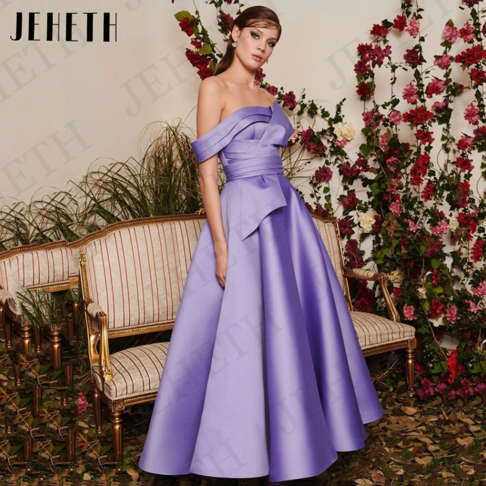 JEHETH Simple Satin Prom Dress Off Shoulder A Line Graduation Dresses Backless Ankle Length Lavender Boat Neck платье вечернее