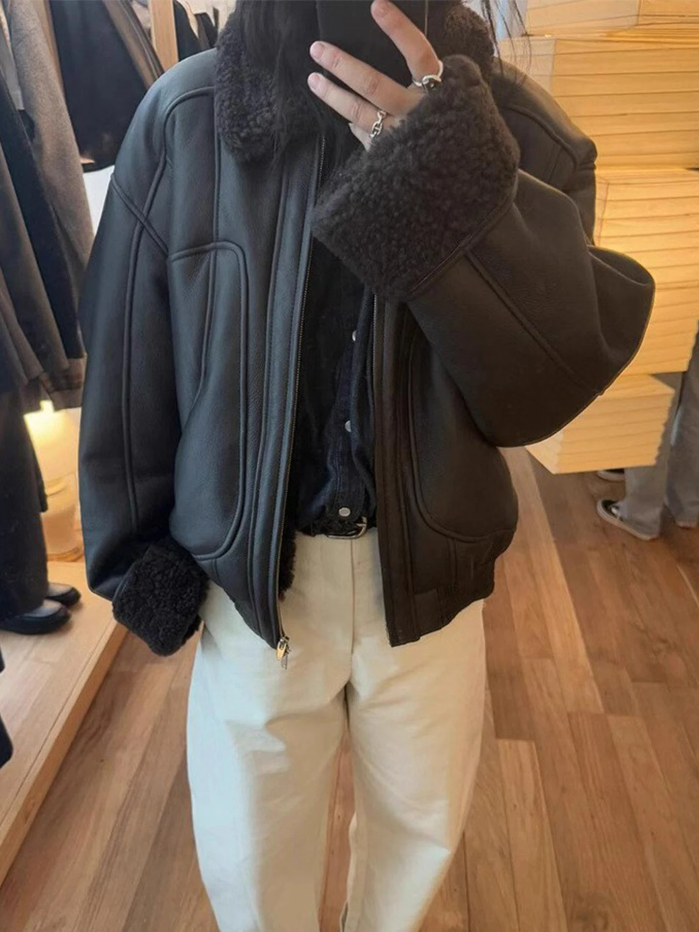 Bla ファーカラー レザー ジャケット レディース ジッパー付き 暖かい レトロカラー インテイテッド レザー＆ファー カジュアル ルーズフィット コート