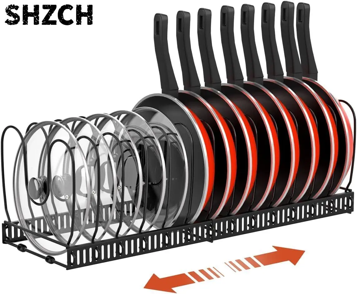 Expandable Cookware Organizer Rack 10 Adjustable Dividers for Pots Pans & Lids - Space Saver Cabinet or Drawer Storage Solution