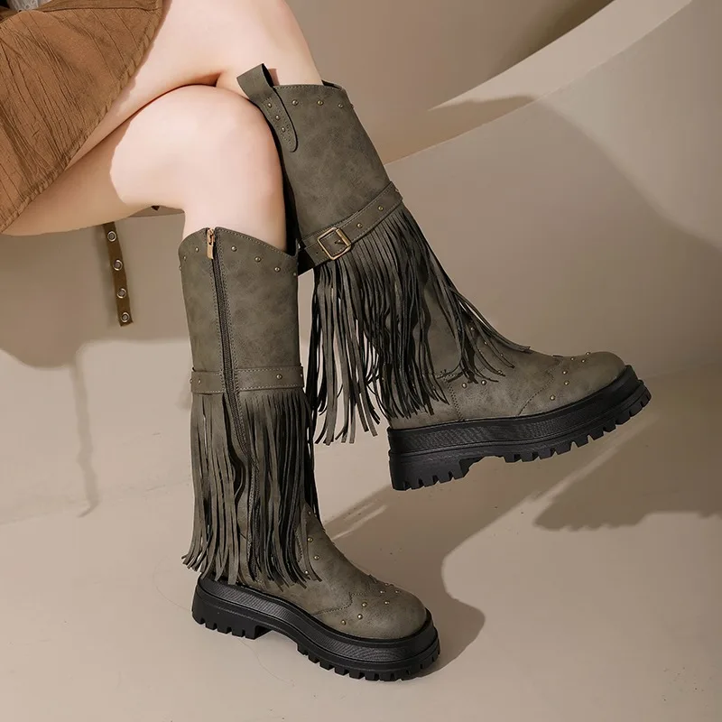 Vintage Tassel Suede Knee High Boots Women 2025 Winter Comfort Thick Bottom Western Cowboy Boots Metal Rivet Woman's Long Boots