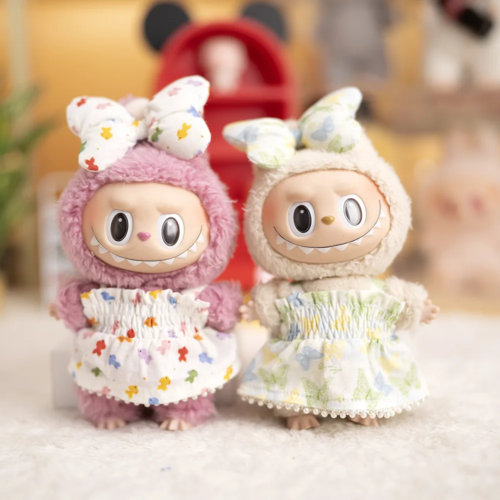 Für 17 cm Labubu Puppen Kleidung VIV2V3 Outfit Erdbeere Kleid Puppen Zubehör Sitzen Party Ändern Kleid Spiel Geschenk Spielzeug