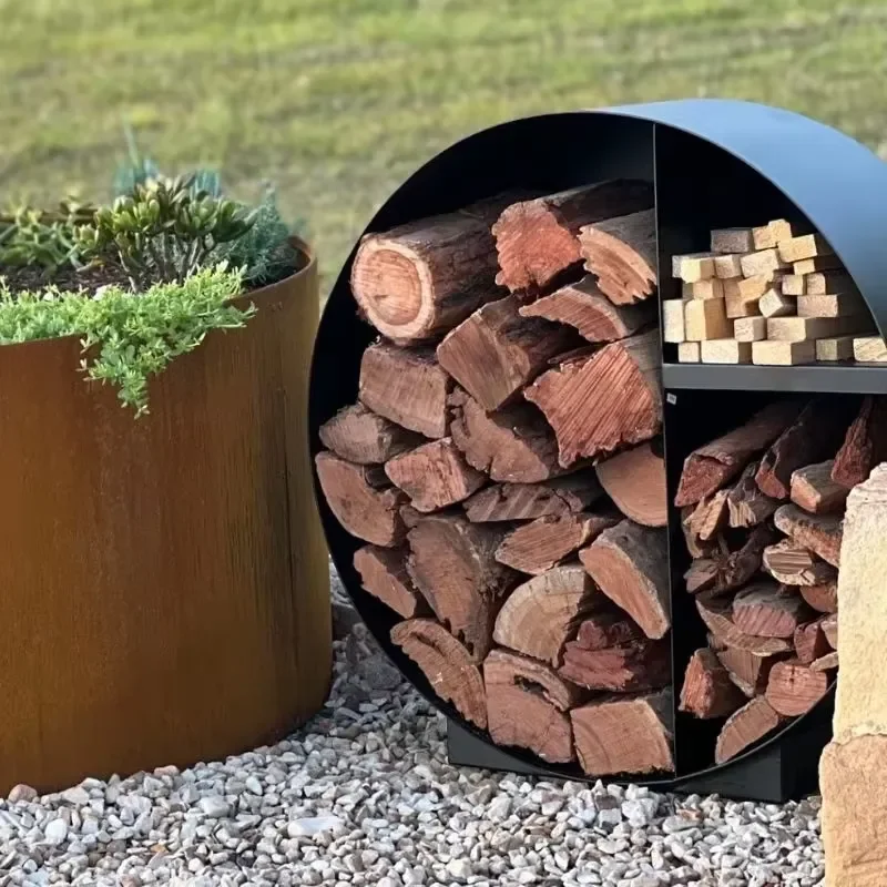 Heavy Black Carbon Steel Firewood Storage Rack Round Log Holder