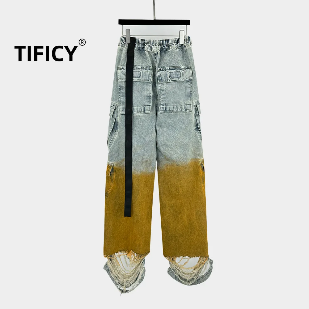 TIFICY Dark RO Style Men and Womens Celebrity Same Style Color Blocked Rough Edge Casual Workwear Gradient Color Wide Leg Jeans