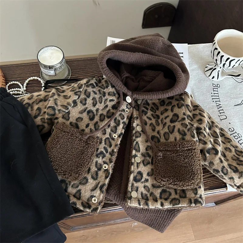 Kids Girls Winter Leopard Fleece Coat Double Sides Lamb Velvet Jacket One Breasted Long Sleeve Thermal Plush Tops Coat 1-10Y