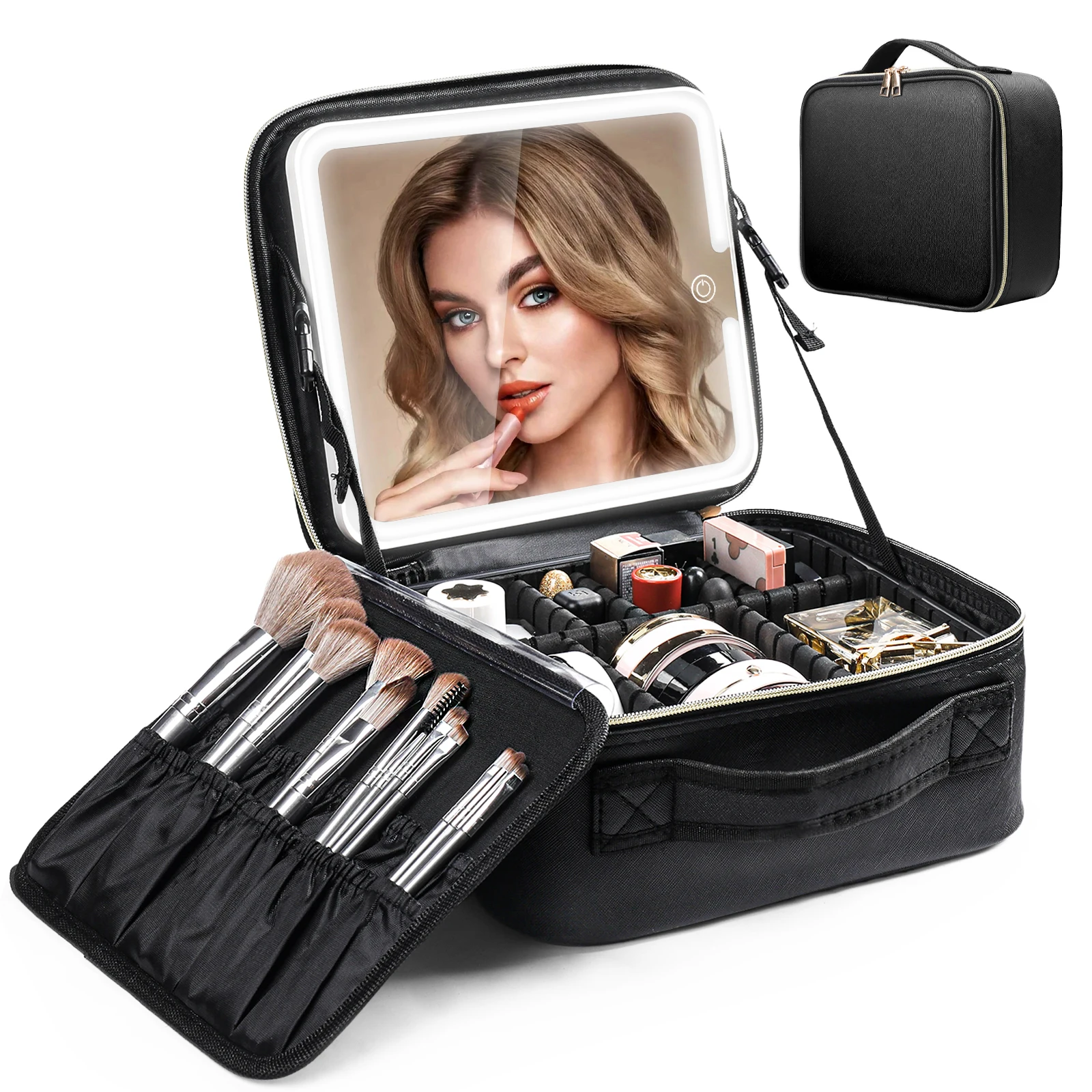 Travel Makeup Bag With LED Lighted Mirror, Makeup Train Case With Adjustable Dividers For Home,Gift,Vacation