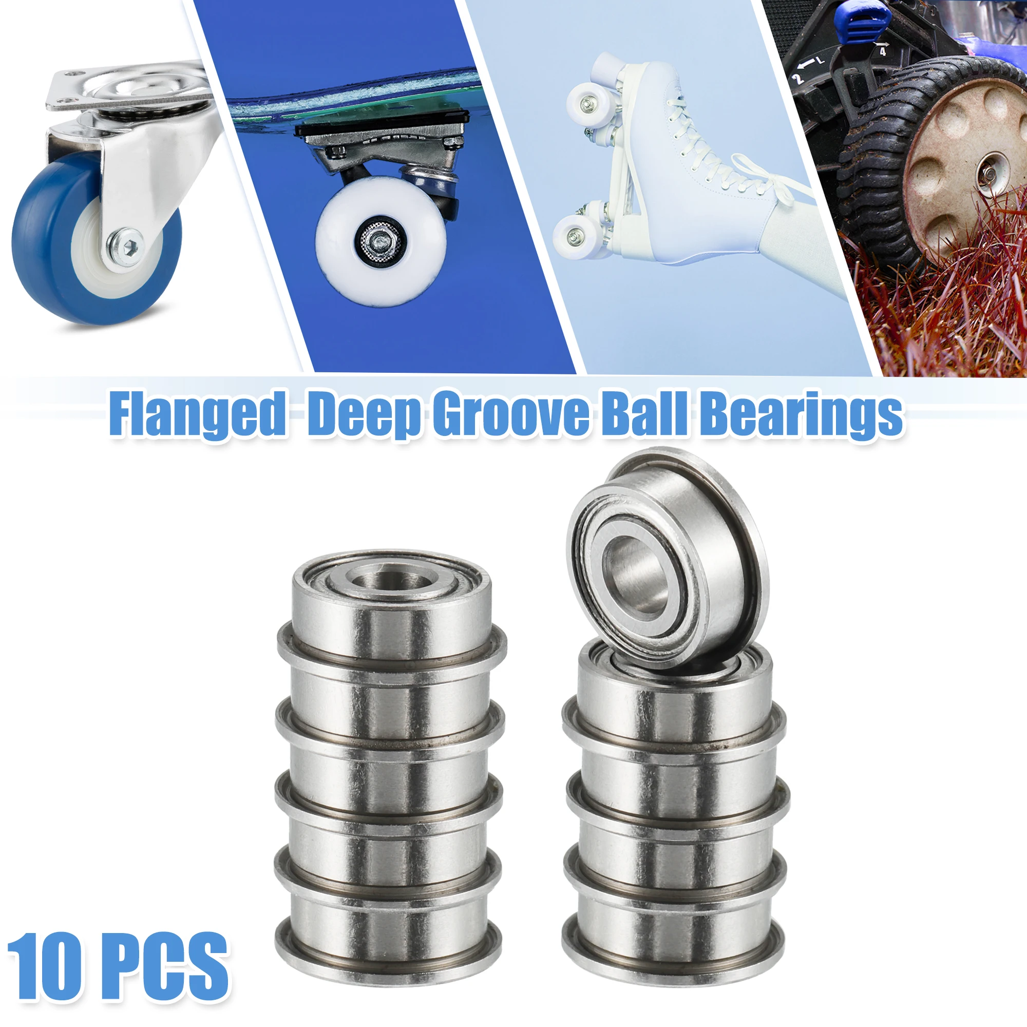 Motoforti 10 Pcs MF104ZZ 4x10x4mm Double Metal Shield Flanged Single Row Deep Groove Ball Bearings Silver Tone