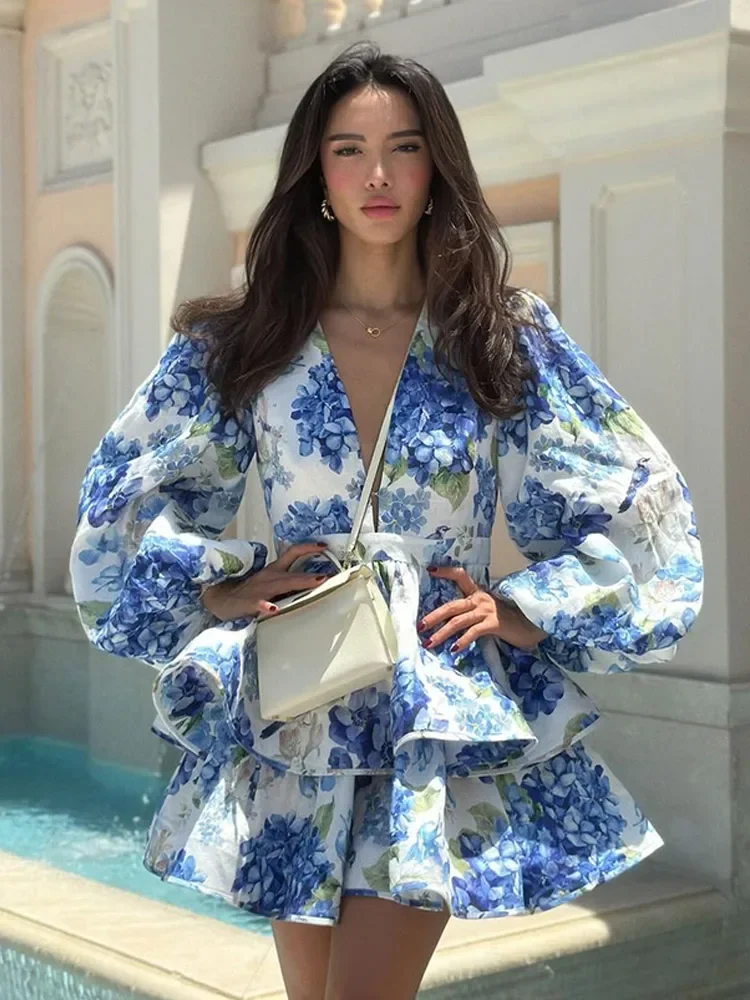 Azul floral impressão inchado em camadas babados mini vestido feminino elegante lanterna manga com decote em v cintura alta vestidos senhora vestidos de férias