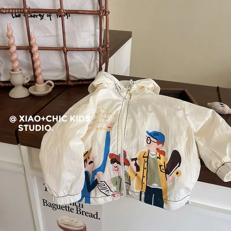 Boys Beige Coat Spring Summer Cartoon Printing Handsome Hooded Windbreak Jacket for 2-8 Years Kids Sports Leisure Thin Outerwear
