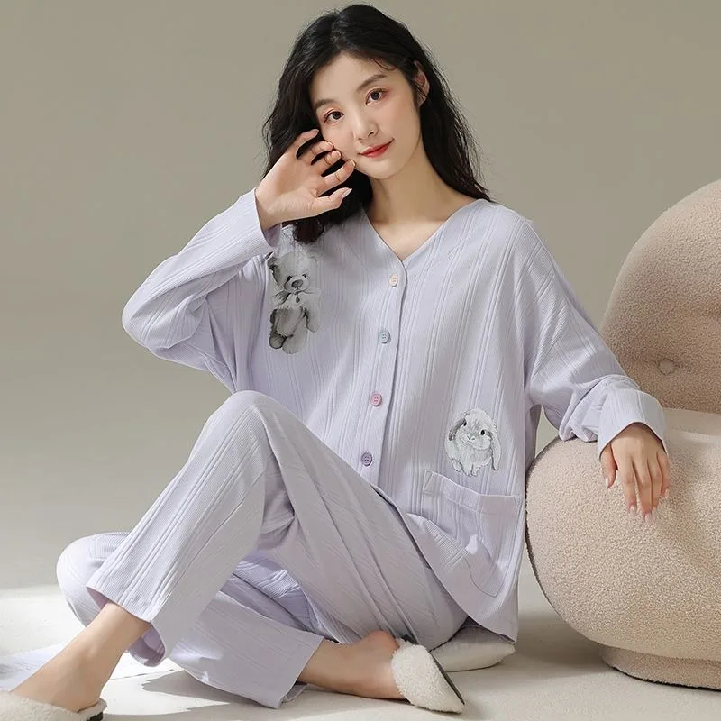 2024 New Pajamas Women Spring Autumn Pure Cotton Long-Sleeved Simple V-neck Sleepwear Set Female Casual Cardigan Homewear Suit