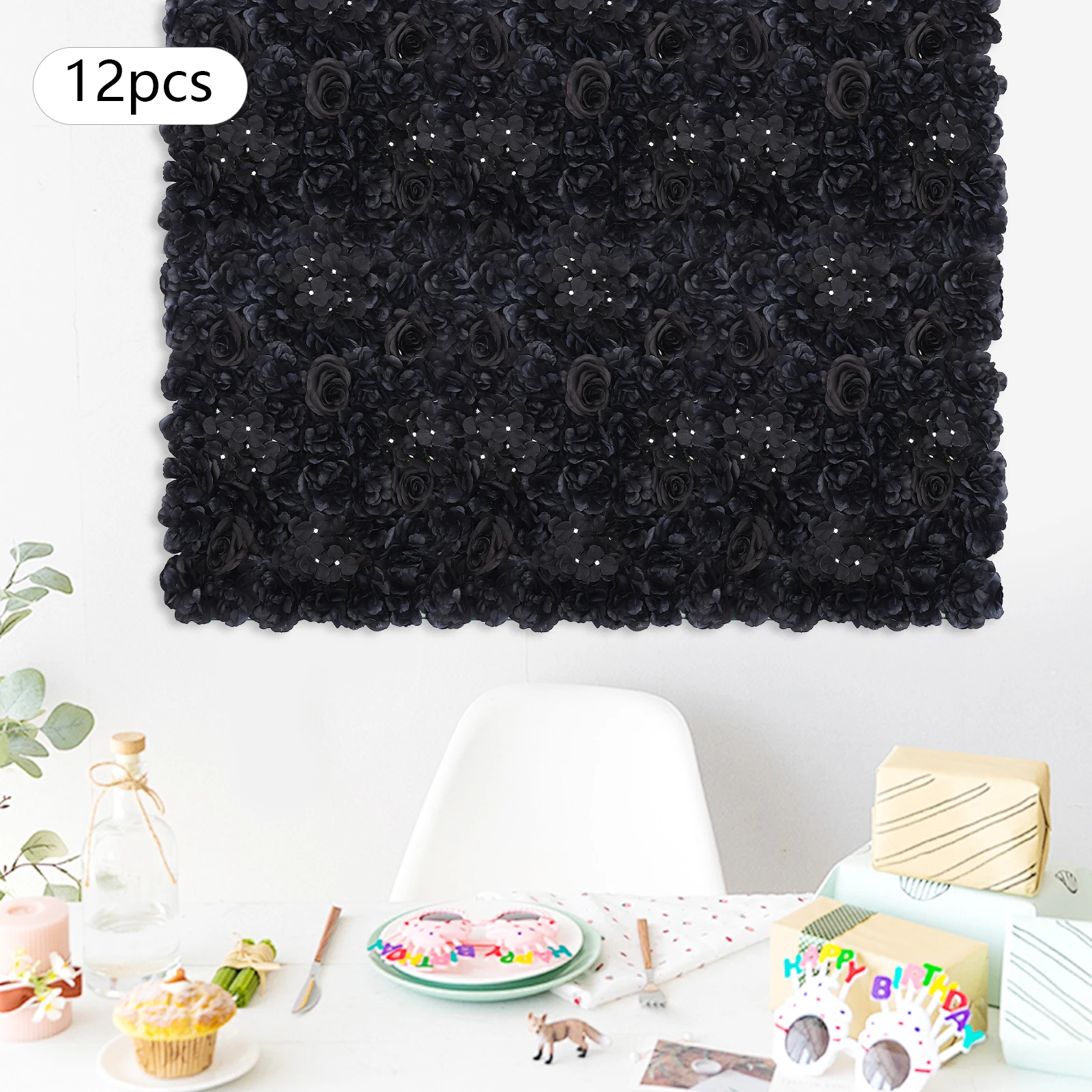 

12pcs/6pcs 60x40cm Artificial Flowers Wall Panels, Flower Wall, Faux Hydrangea Dahlia Rose, Black Decor for Wedding Background