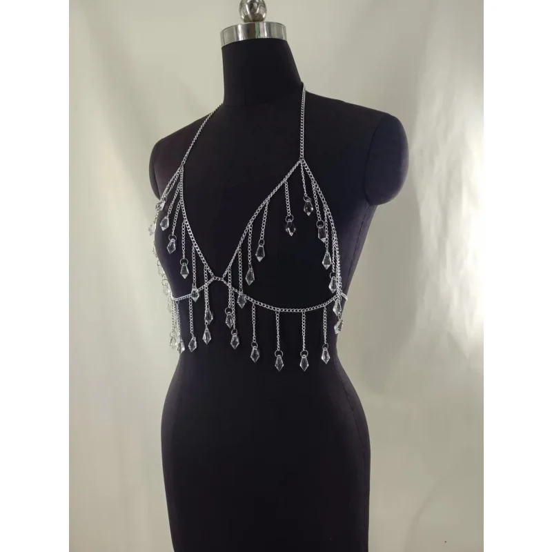 Damen-Körperkette mit Kristallquasten, verstellbares Metallketten-BH-Oberteil, glitzernder Strass-Körperkettenschmuck für Party-, Festival- und Rave-Outfits – Detail 5