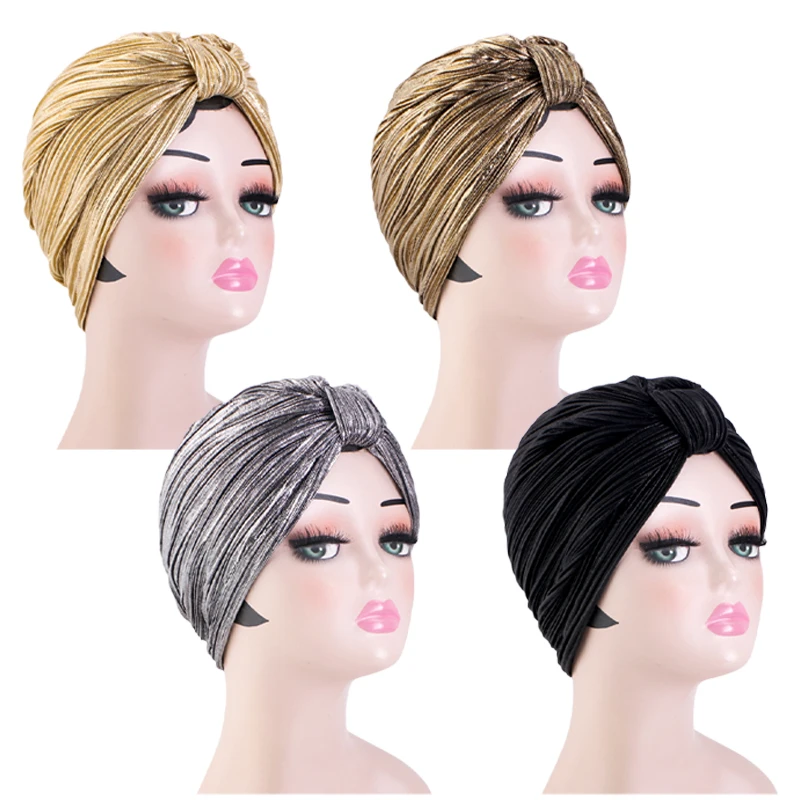 New Muslim Women Turban Shine Metallic Gold Silver Vintage Casual Ruffle Knot Head Wrap Ladies Hijab India HatHair Accessories