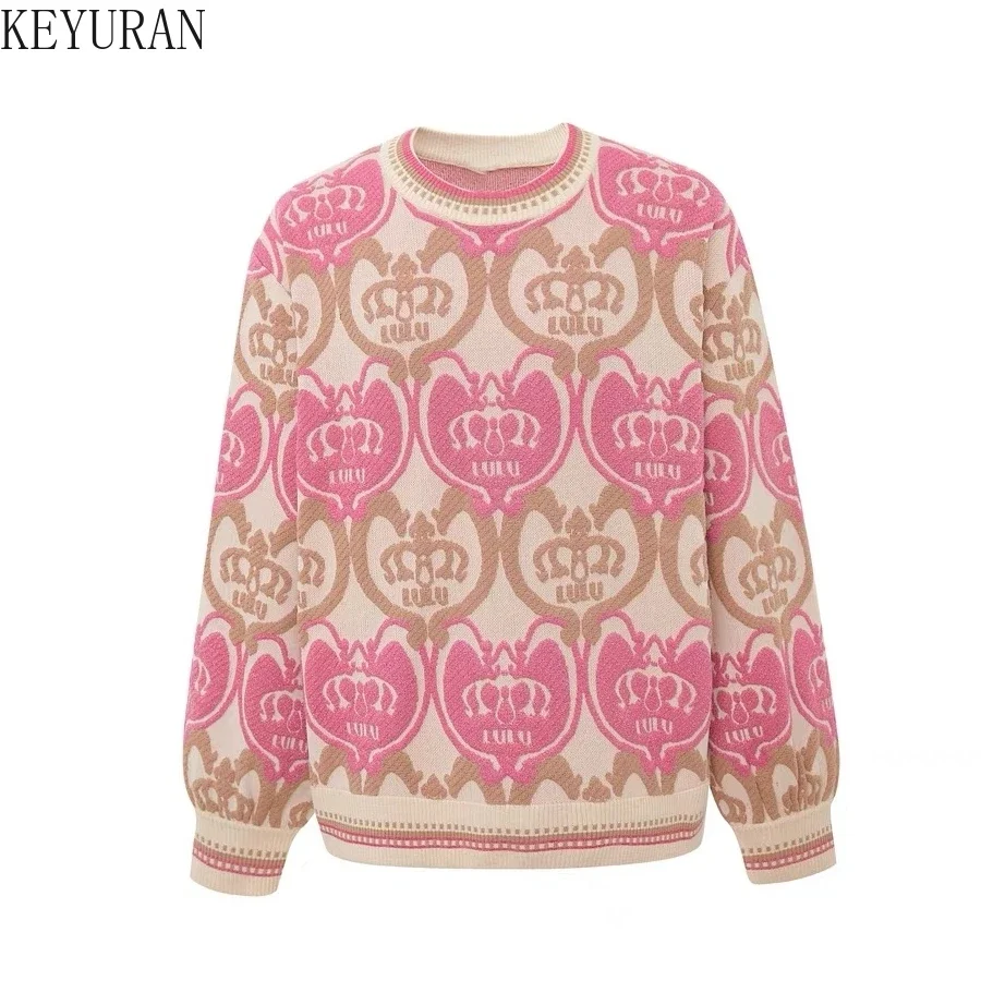 Women Knitted Sweater Soft Sweet Girls Pink Kawaii O-neck Long Sleeve Knitwear Tops Vintage Jacquard Pullover Sweaters Jumper