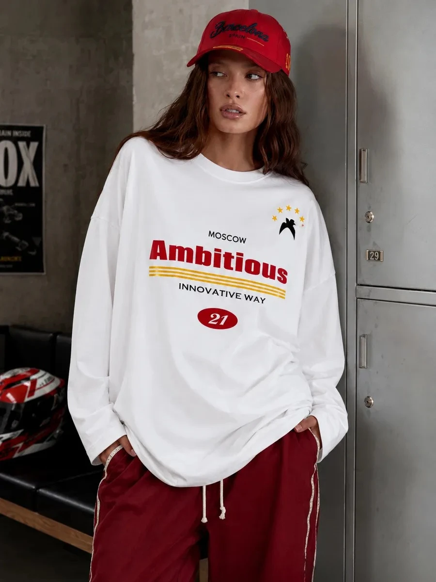 Women's Loose Fit Printed Long Sleeve 2026 Summer New T-Shirt Oversized Basic Layering Top Medium Length Commute Style Tees