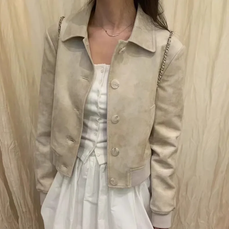 Dimagrante Pelle scamosciata ort Jaet Verdura Flip-Collar Retro Sle Loose Fit Cappotto da donna Chiusura con bottoni Lungo Sve Autunno Capispalla