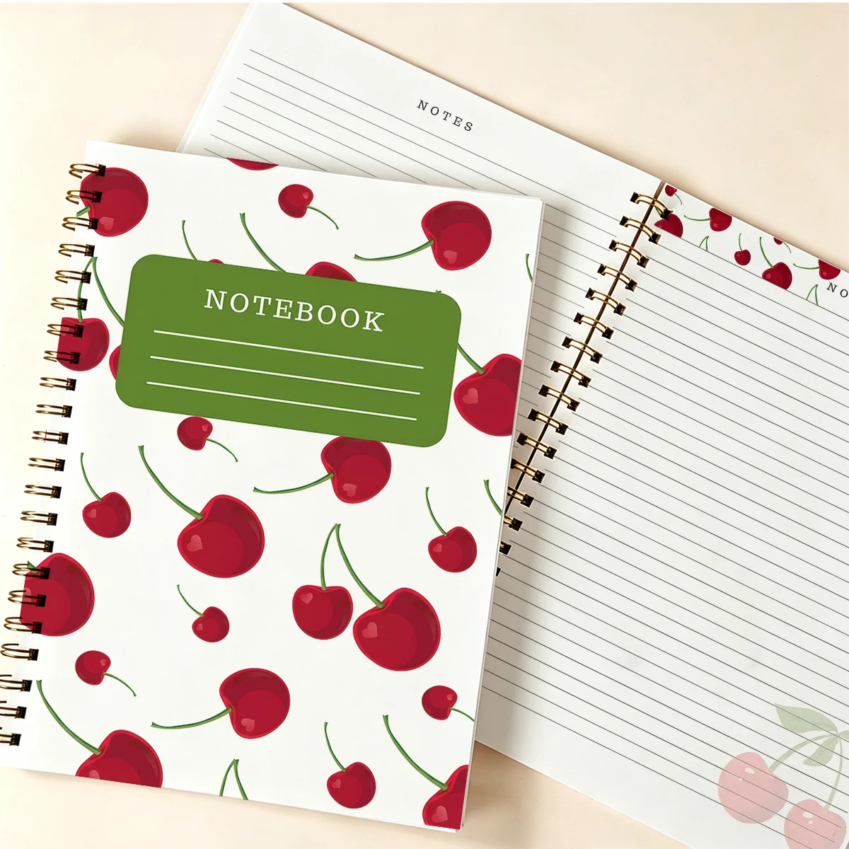 A5 Spiral Lined Notebook, Red Cherry Print Hardcover Journal, Coil Bound Ruled Paper Notepad for Writing Notes Office Stationery