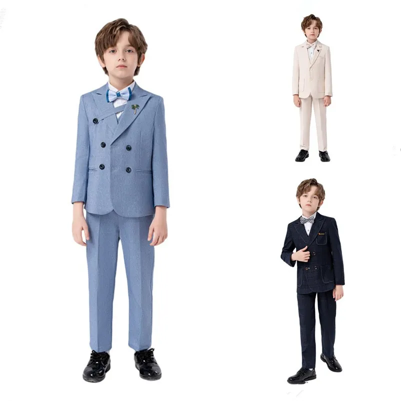 

Kids Jacket Vest Pants Bowtie Brooch 5Pieces Photography Suit Boys Piano Host Performance Costume Children Wedding Blazer Set