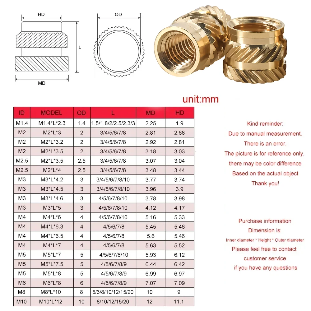 200-300pcsM2 M2.5 Brass Hot Insert Nut Double Twill Knurled Hot Melt Injection Embed Thread Inserts Nuts Melt Insert Knurled Nut