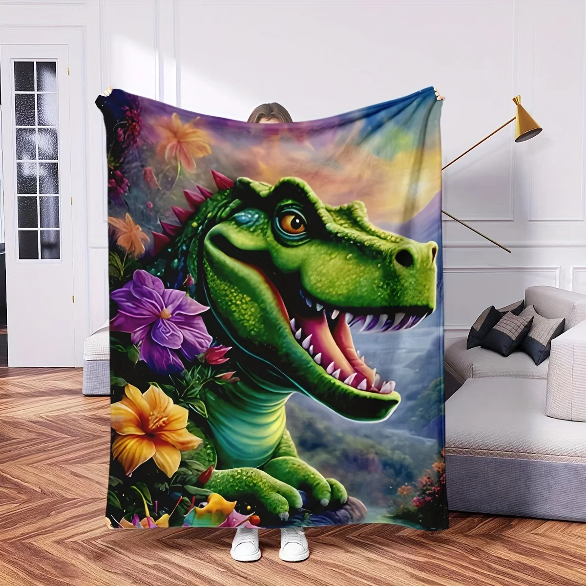 Dinosaur Print Fleece Throw Blanket, Soft & Cozy Flannel Blanket for Single or Double, Contemporary Style, All-Season, Digital P