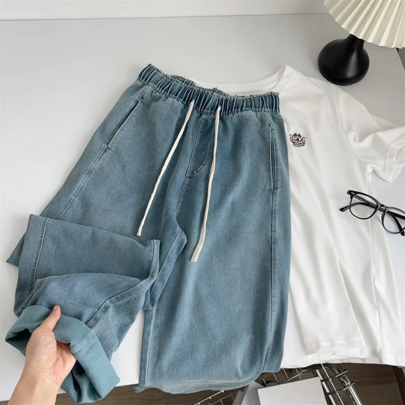 

Summer Lyocell Soft Wide Leg Jeans Women Drawstring High-Waisted Loose Lightweight Wide-Leg Pants