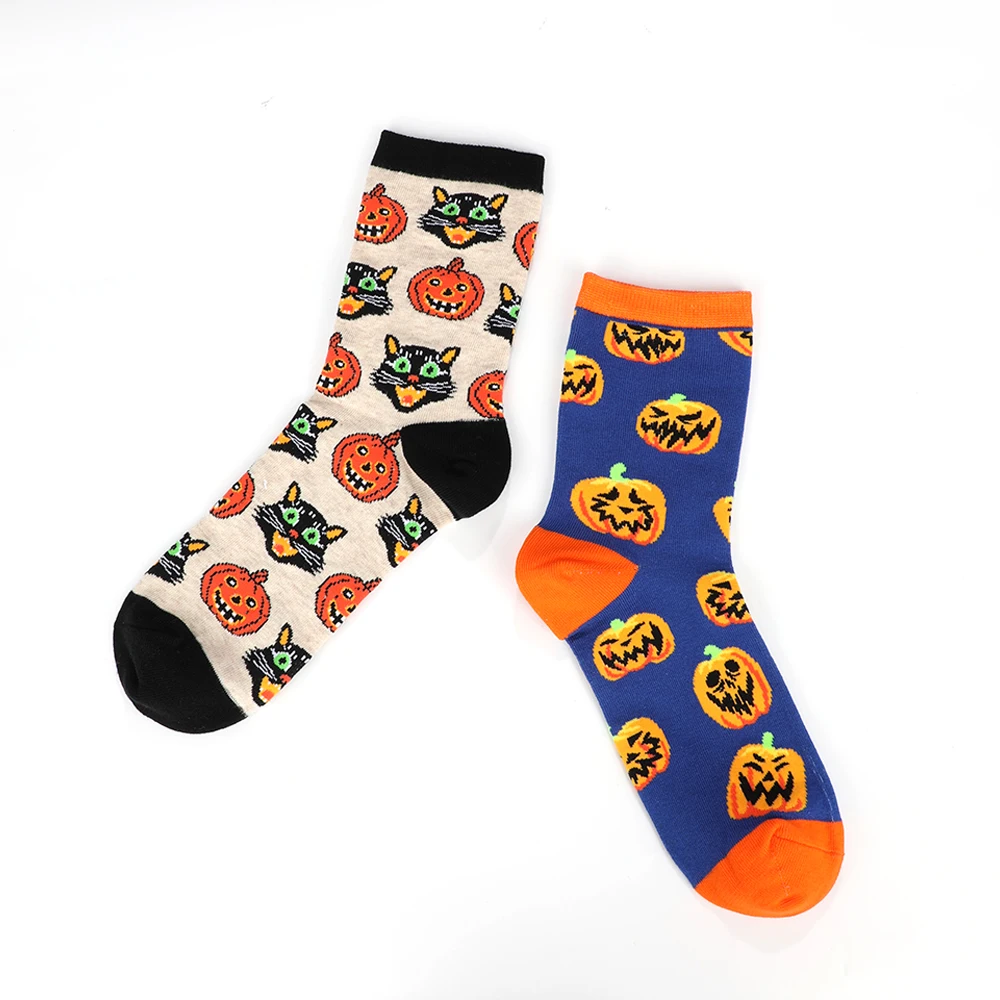 Calcetines de algodón con estampado de calabaza para mujer, medias de tubo medio, divertidas y creativas, cálidas para Halloween e invierno, regalos Unisex