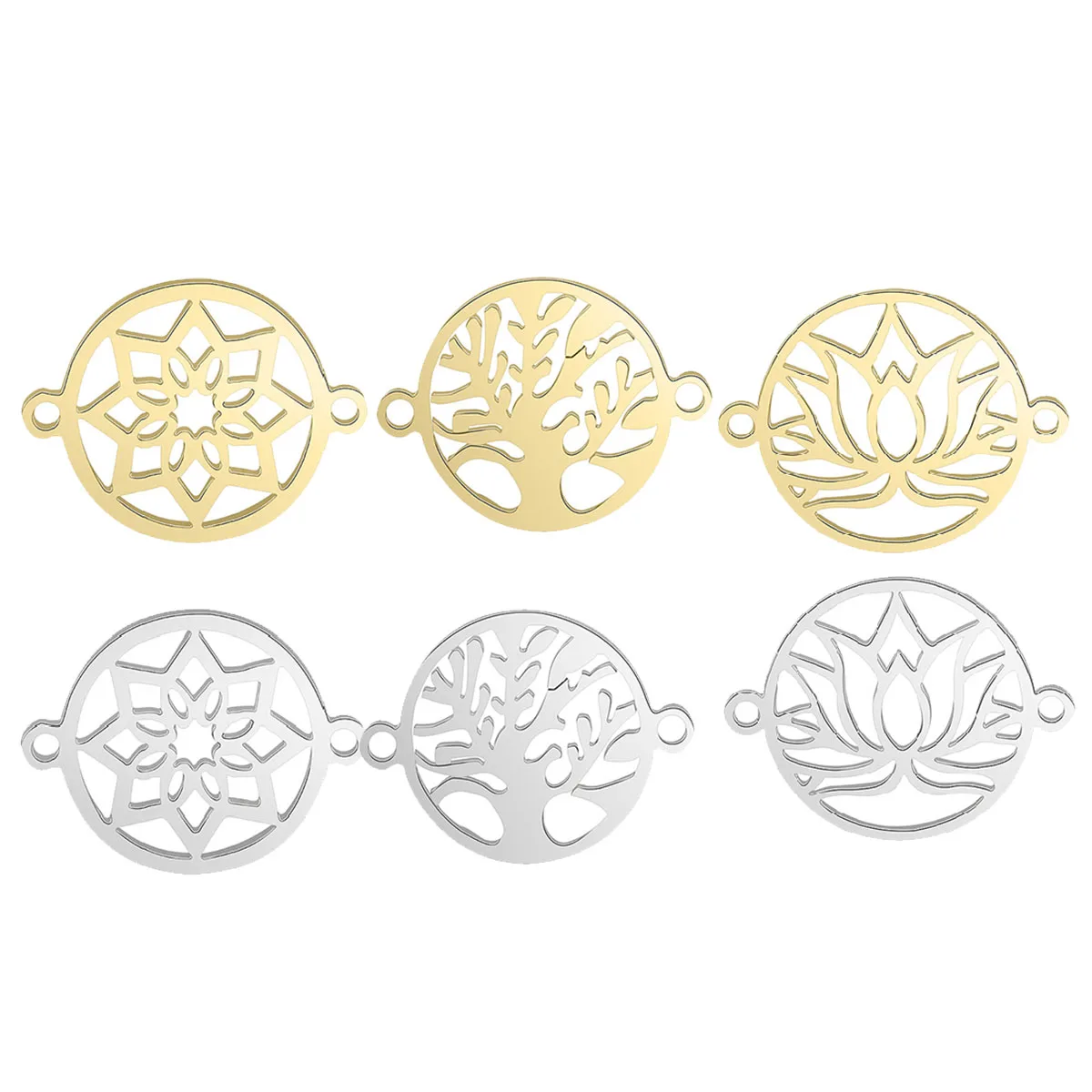 10pcs Bulk Stainless Steel Round Flower Lotus Tree Of Life Charms For DIY Jewelry Making Necklace Bracelet Accessories Wholesale