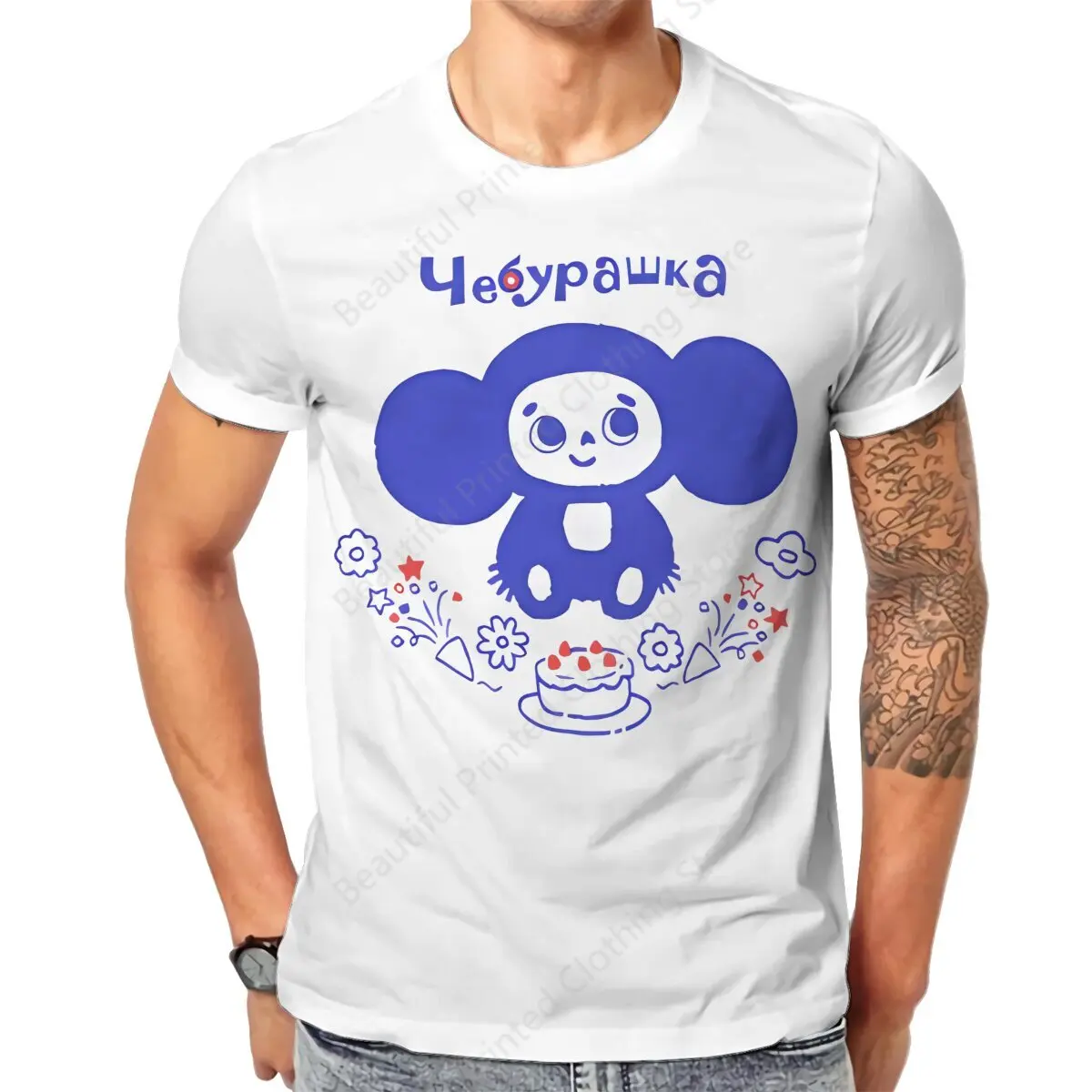 Russian Cartoon Men Women Cool T-shirt Cheburashka With Flowers Cotton Printing T-shirts Fashion Loose Tops Street Short Sleeve