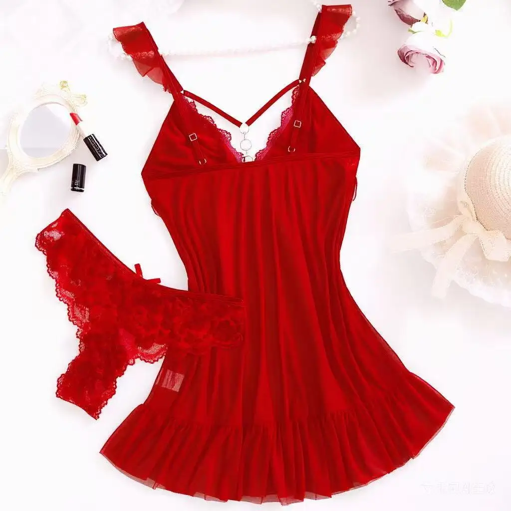2026 New Red Sexy Lingerie Set Women Deep V Slip Dress Thong Erotic Bra Panty Sets Lace Nightdress Soft Nightgown wedding Pijama view 2