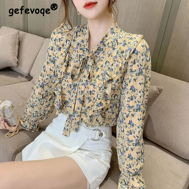 

Women Vintage Floral Print Ruffle Lace Up Bow Chic Blouse Autumn Trendy V Neck Long Sleeve Shirt Female Casual Sweet Tops Blusas