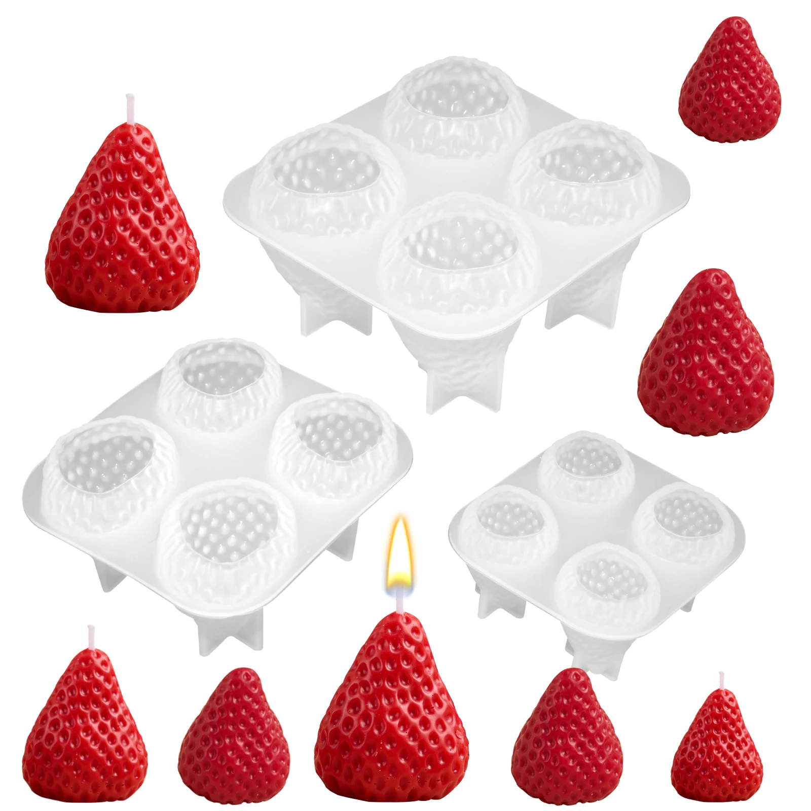 3D Strawberry Silicone Mold,  4-Cavity Strawberry Scented Candle Soap Fondant Mold Fruit Epoxy Resin Casting Mold S M L