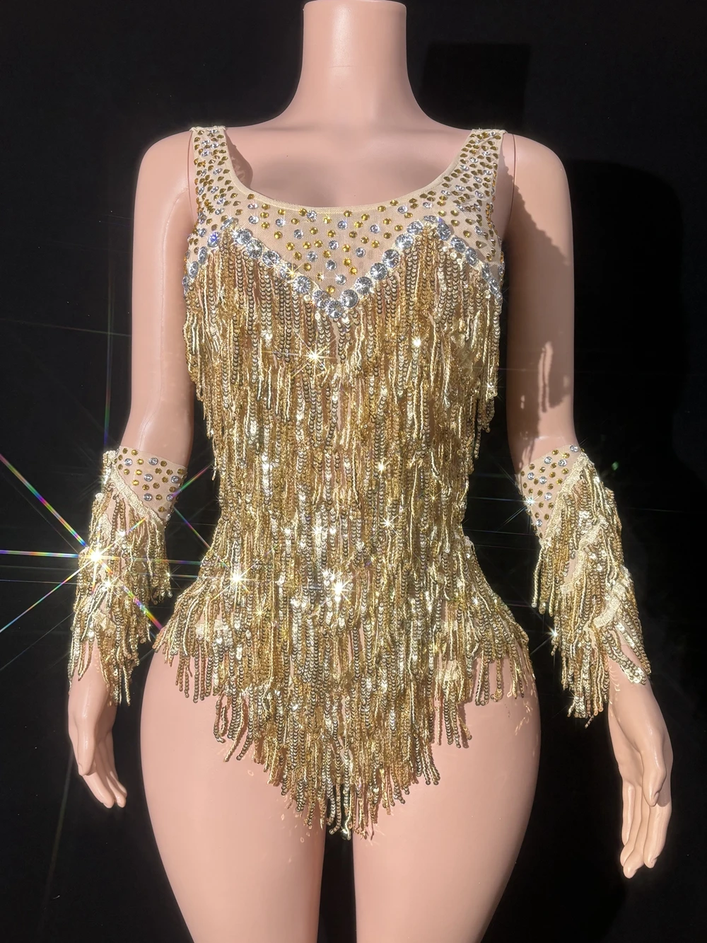 Sparkly Rhinestones Sequins Tassels Bodysuit Women Sexy Performance Dance Costume Nightclub Outfit Singer Dancer Show Stage Wear