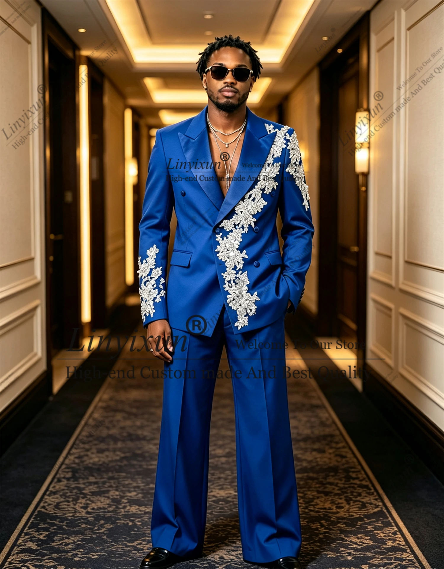 Latest Design Version  Suits Men For Wedding Rhinestones Beaded Groom Blazers Peaked Lapel Customized Man Tuxedos Male Outfits