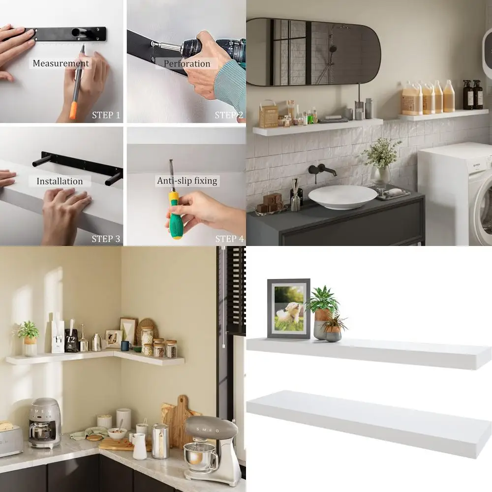 مجموعة من رفوف خشبية عائمة مثبتة على الحائط مقاس 35 وات × 7D باللون الأبيض مع دعامات مخفية لديكور المنزل والتخزين